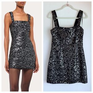 NWT SIMKHAI Benson Multi Size Sequin Square Neck Mini Dress in Black Size 6